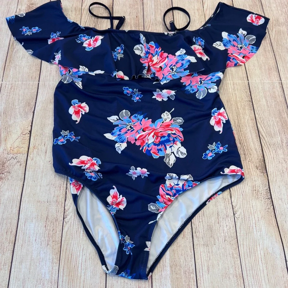 Ekouaer‎ Womens Floral Ruffle Off The Shoulder One Piece Swimsuit Navy Blue XL
